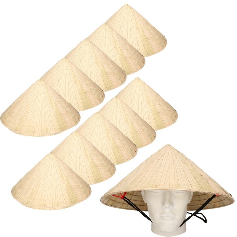 10x Chinese stro hoeden - Chinees hoedje met kinband