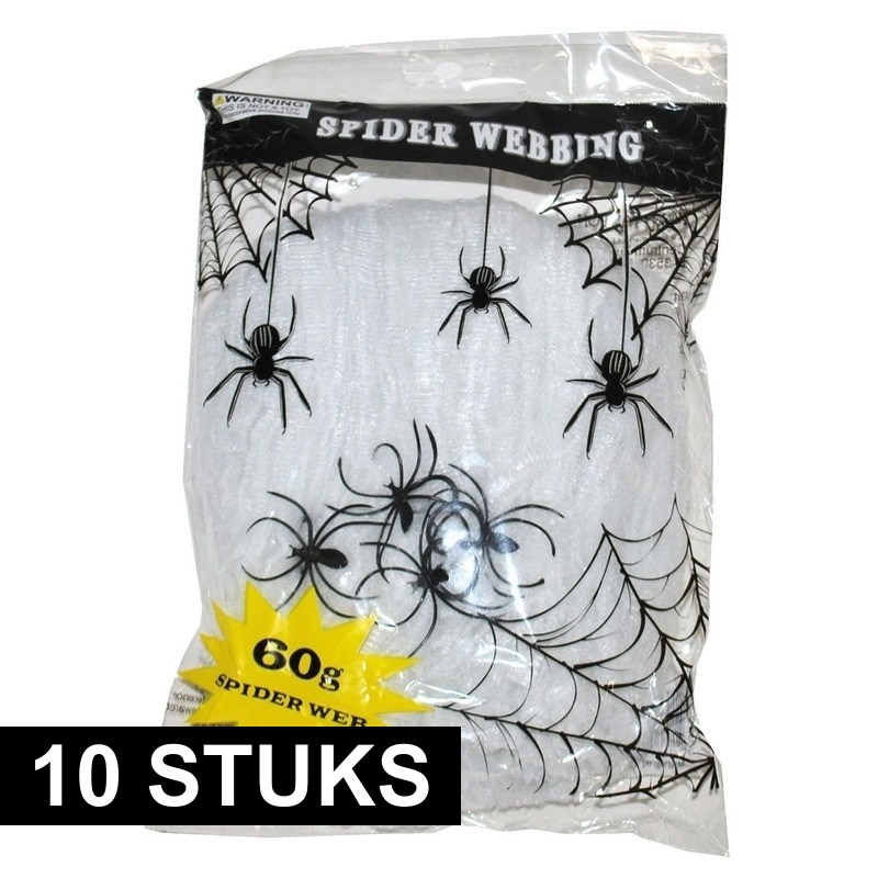 10x Wit horror spinnenweb met spinnen 60 gr