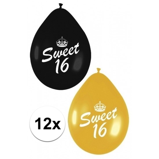 12x Sweet 16 ballonnen zwart-goud