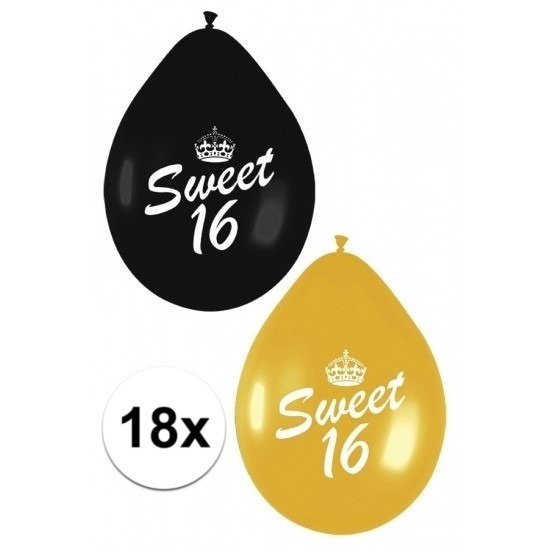 18x Sweet 16 ballonnen zwart-goud