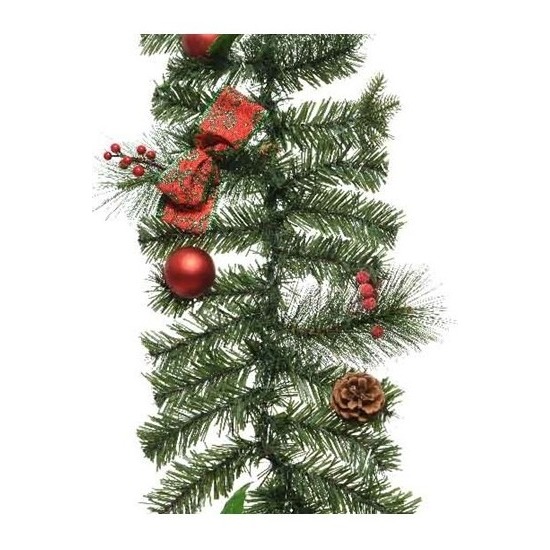 1x Groene kerst dennenslinger guirlande met rode versiering 180 cm
