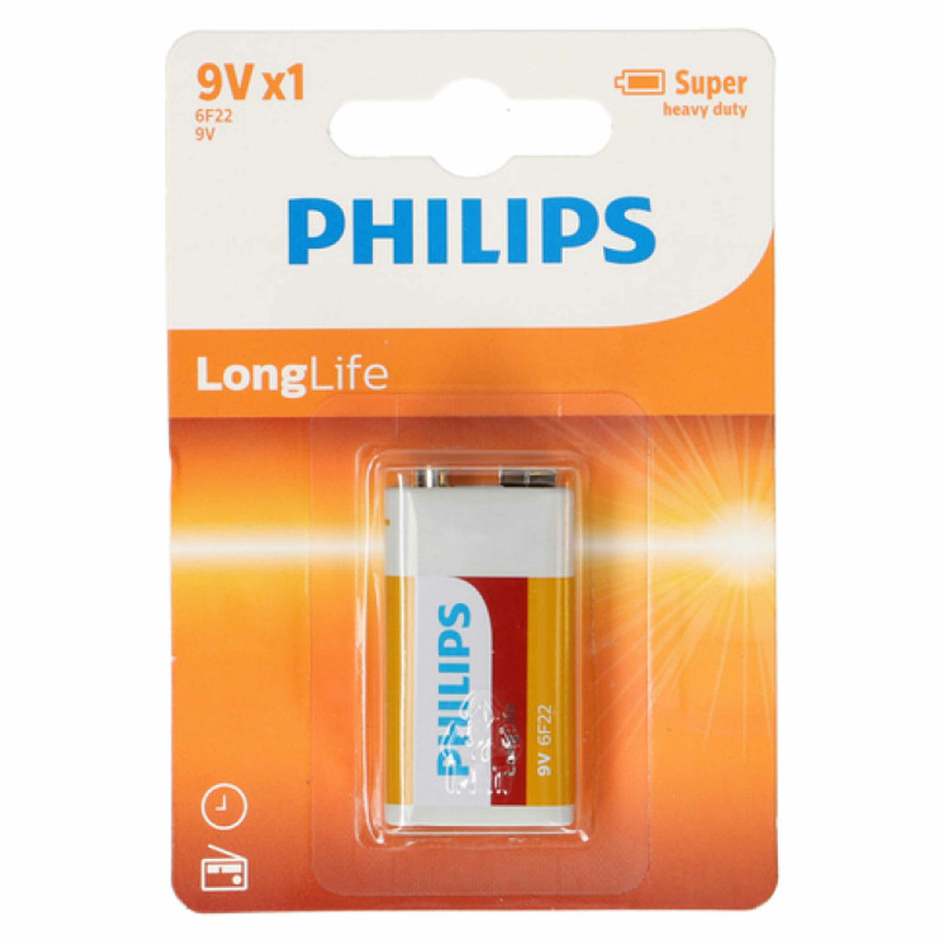 1x Philips 9V Long life batterij alkaline 9 volt blokbatterijen