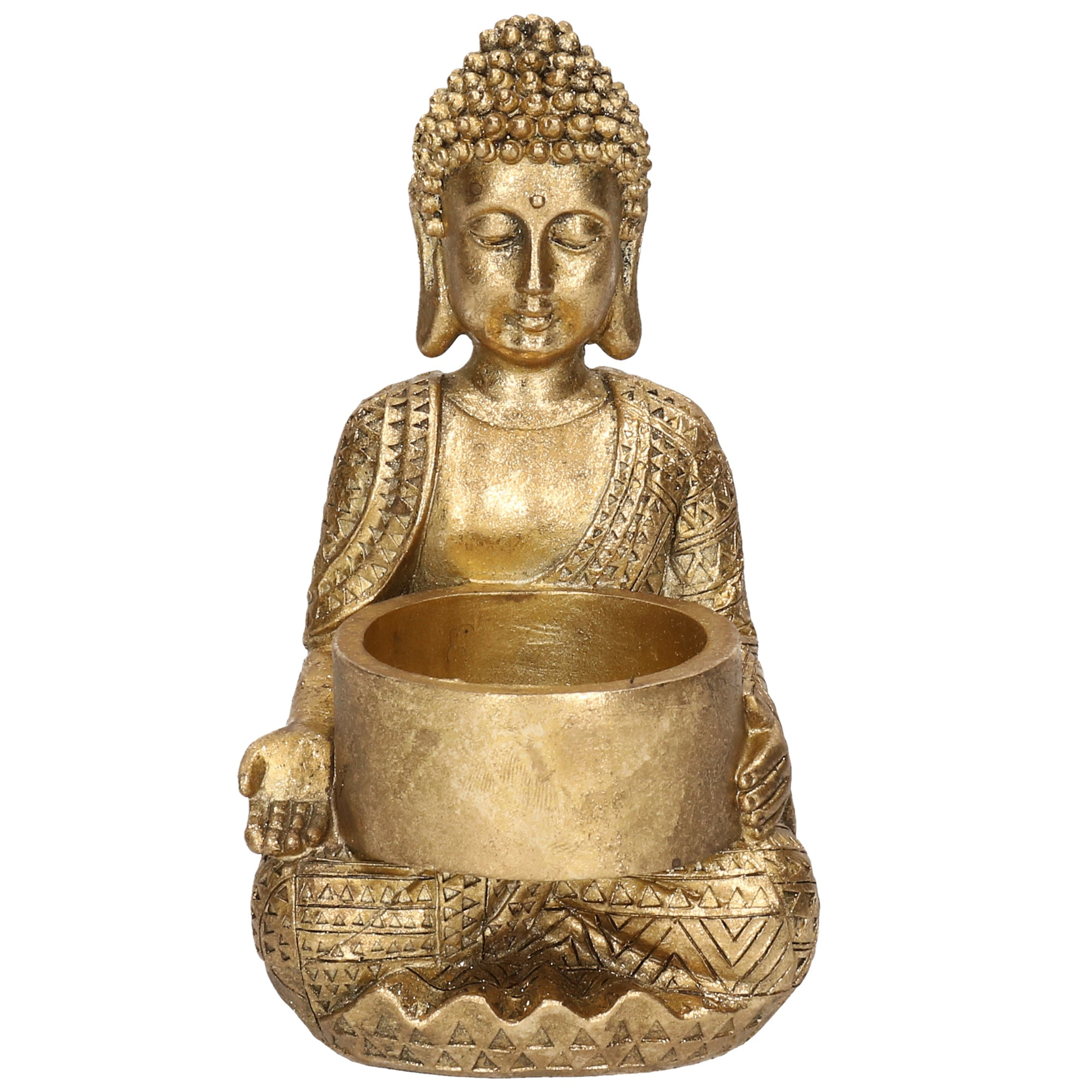 1x Zittende Boeddha waxinelichthouder goud 14 cm