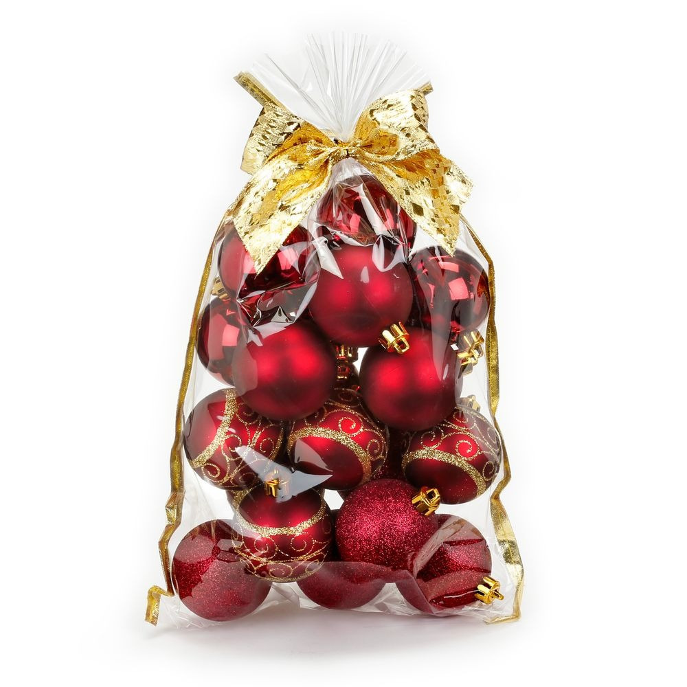 20x stuks kunststof kerstballen rood mix 6 cm in giftbag