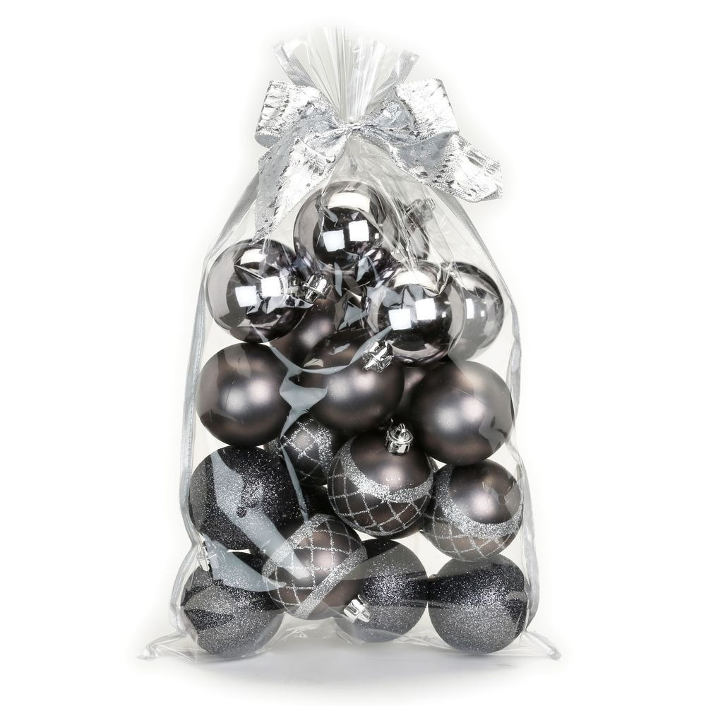 20x stuks kunststof kerstballen zwart-antraciet mix 6 cm in giftbag