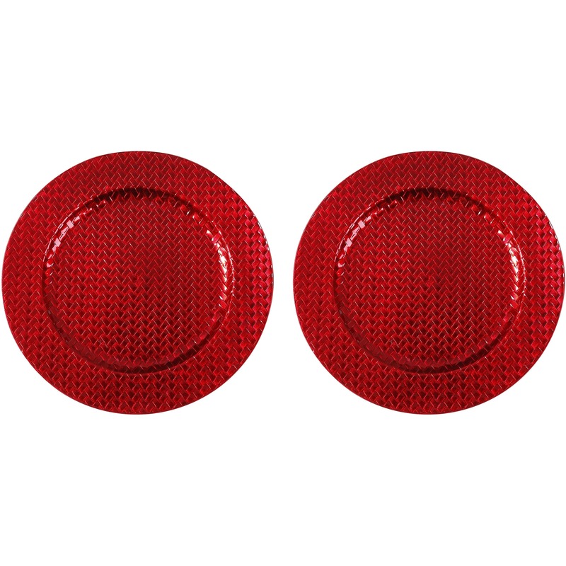 2x Kaarsenborden/plateaus rood vlechtpatroon 33 cm rond