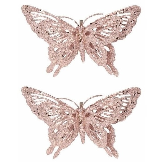 2x Kerst decoratie vlinder roze 15 x 11 cm