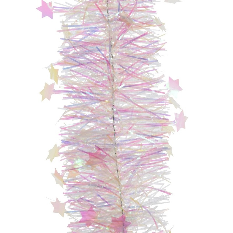 2x Parelmoer witte sterren kerstslingers 10 x 270 cm kerstboom