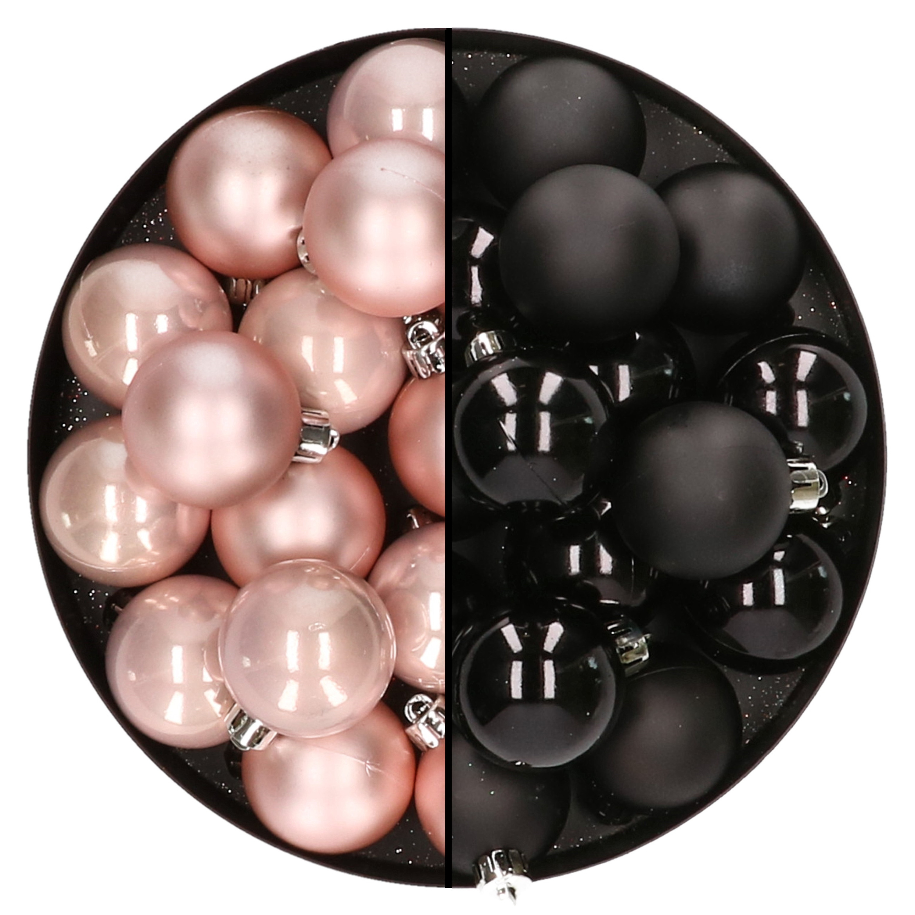 32x stuks kunststof kerstballen mix van lichtroze en zwart 4 cm