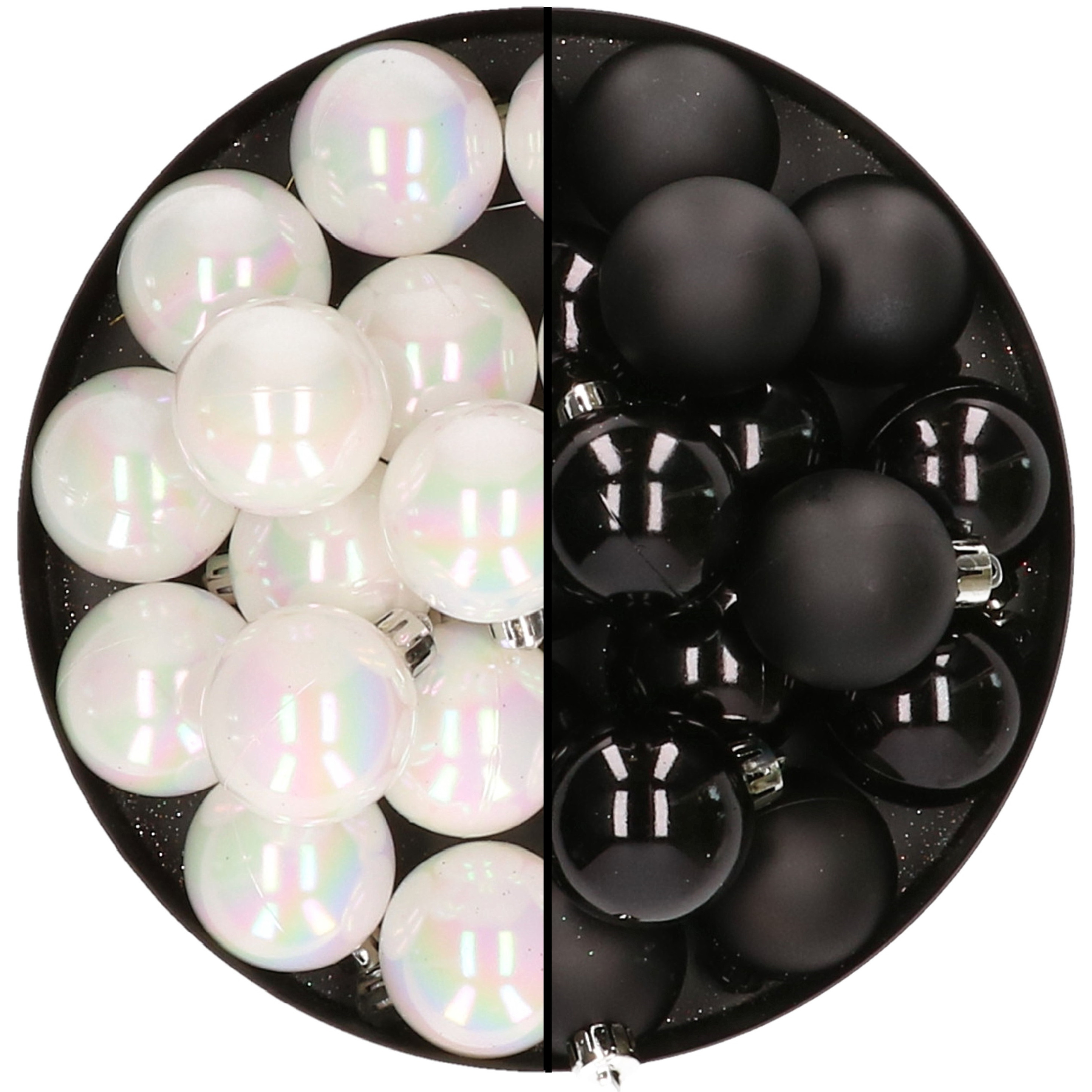 32x stuks kunststof kerstballen mix van parelmoer wit en zwart 4 cm