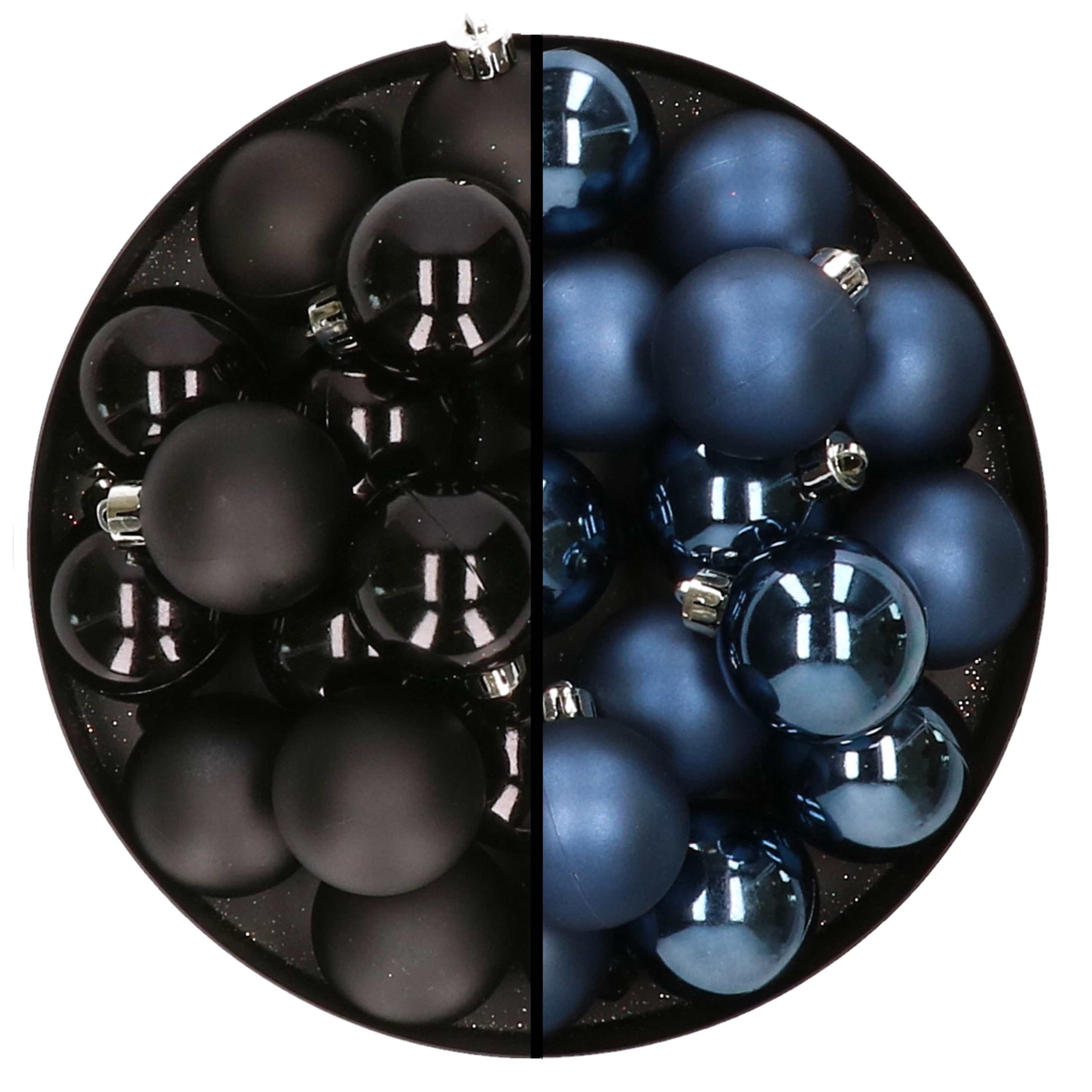 32x stuks kunststof kerstballen mix van zwart en donkerblauw 4 cm
