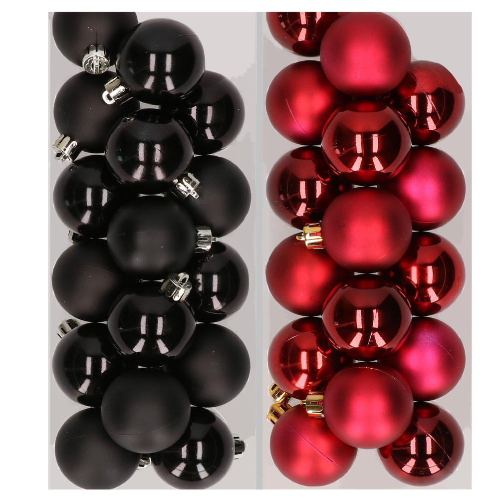 32x stuks kunststof kerstballen mix van zwart en donkerrood 4 cm