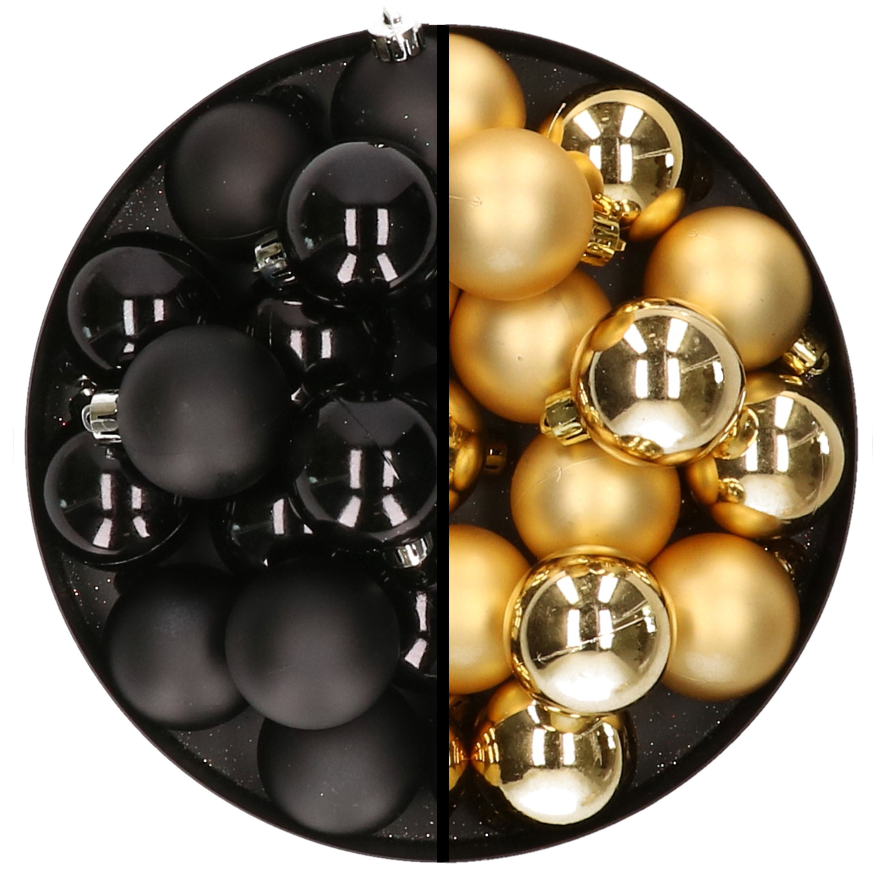32x stuks kunststof kerstballen mix van zwart en goud 4 cm