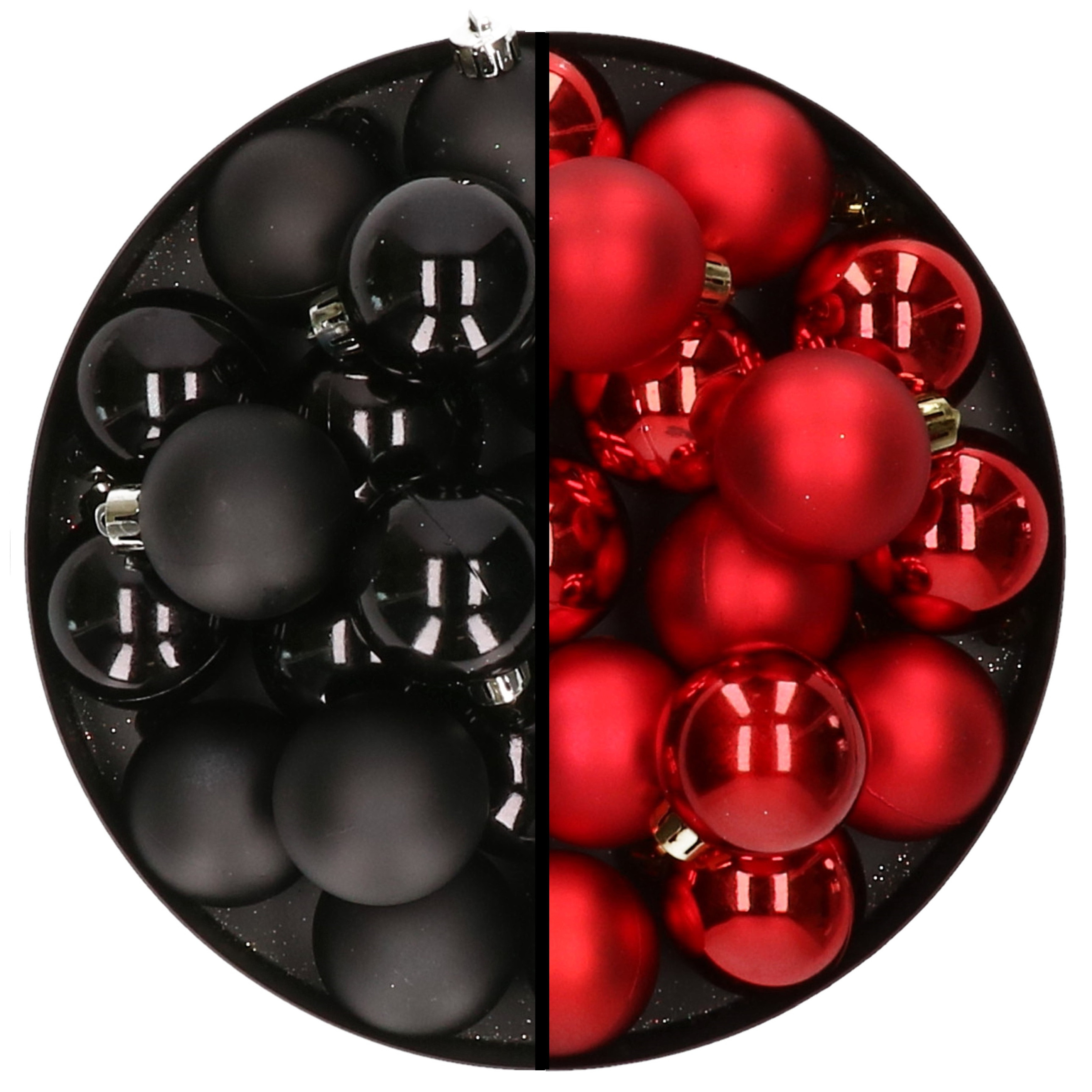 32x stuks kunststof kerstballen mix van zwart en rood 4 cm