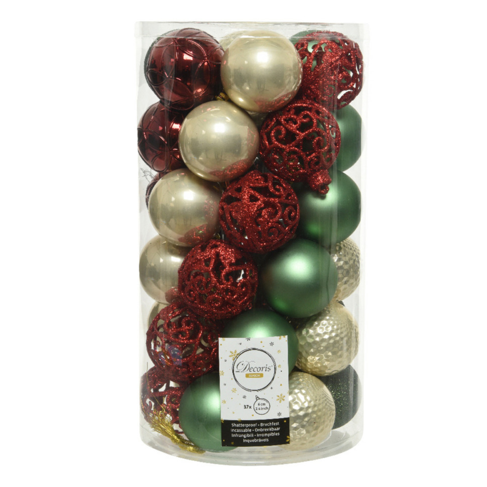 37x stuks kunststof kerstballen parel-rood-donkergroen-salie groen 6 cm