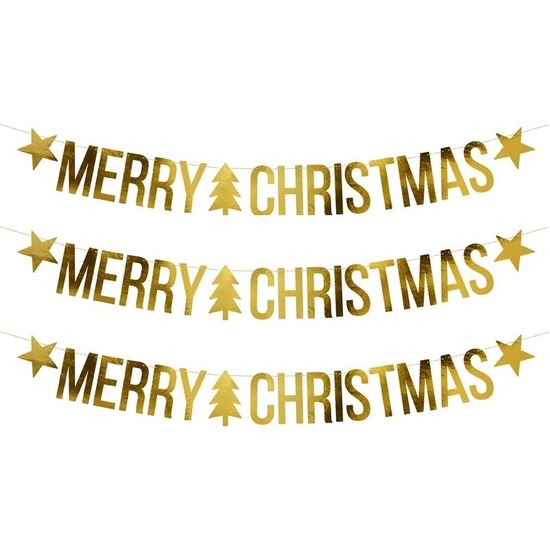 3x Gouden Merry Christmas DIY Kerst banners slingers 20 x 175 cm