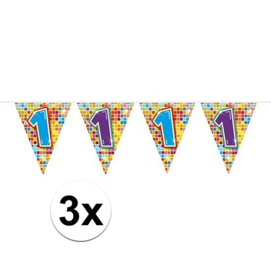 3x Mini vlaggenlijn-slinger verjaardag versiering 1 jaar