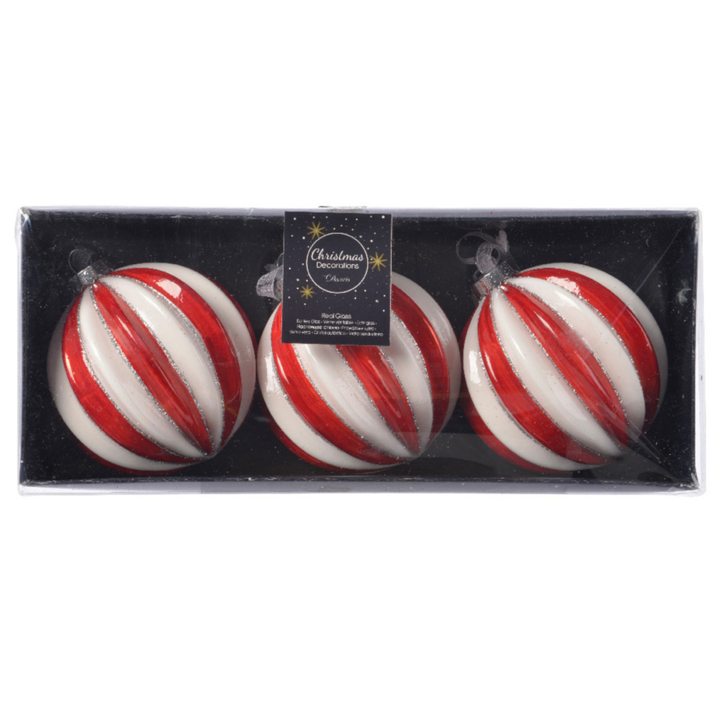 3x stuks luxe glazen kerstballen brass rood-wit gestreept met glitter 8 cm