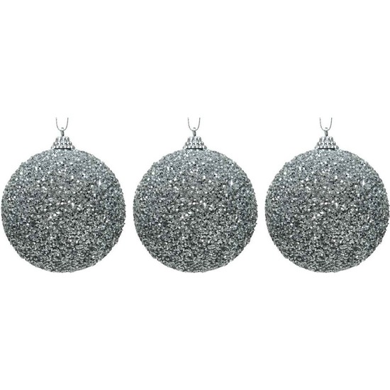 3x Zilveren glitter kralen kerstballen 8 cm kunststof