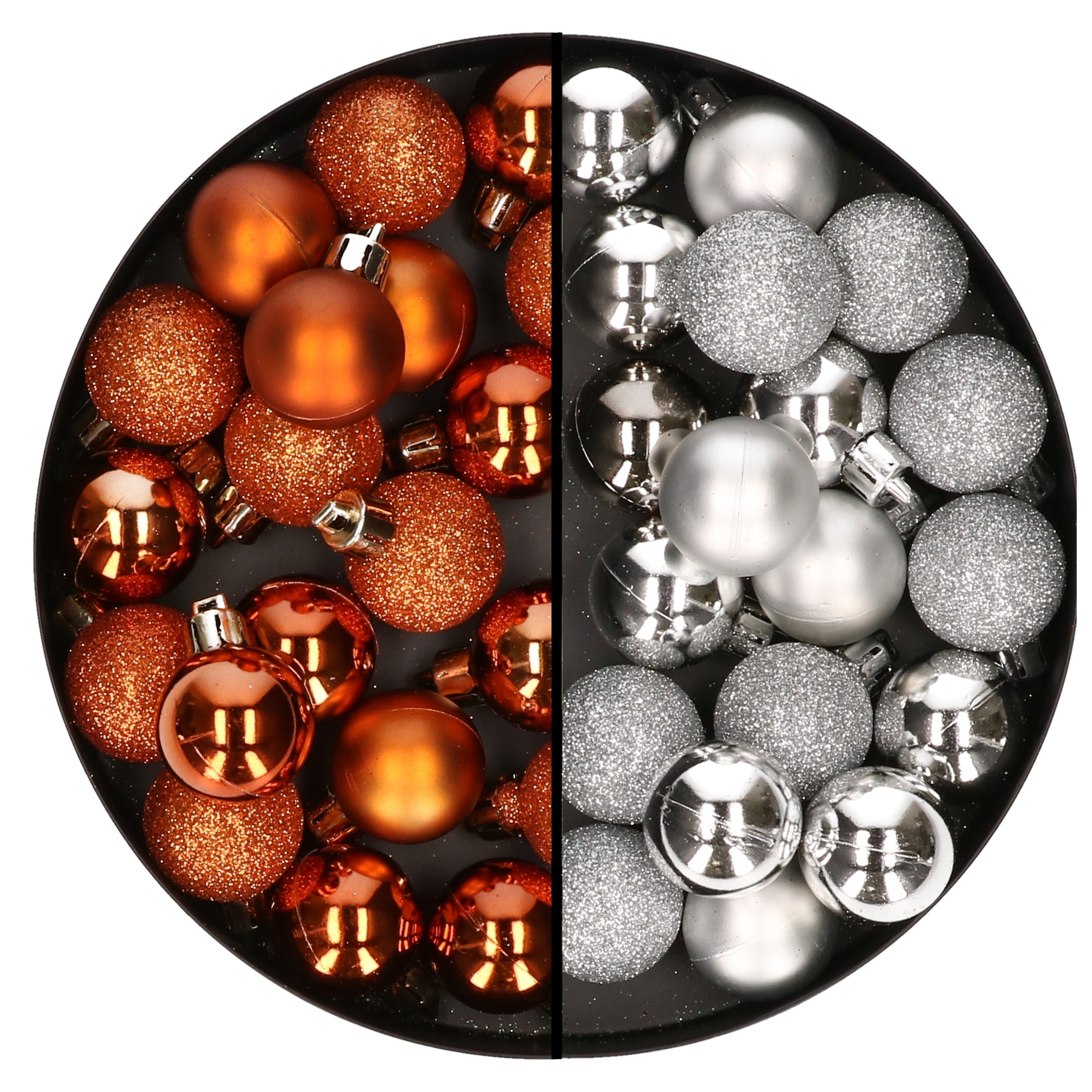 40x stuks kleine kunststof kerstballen oranje en silver 3 cm