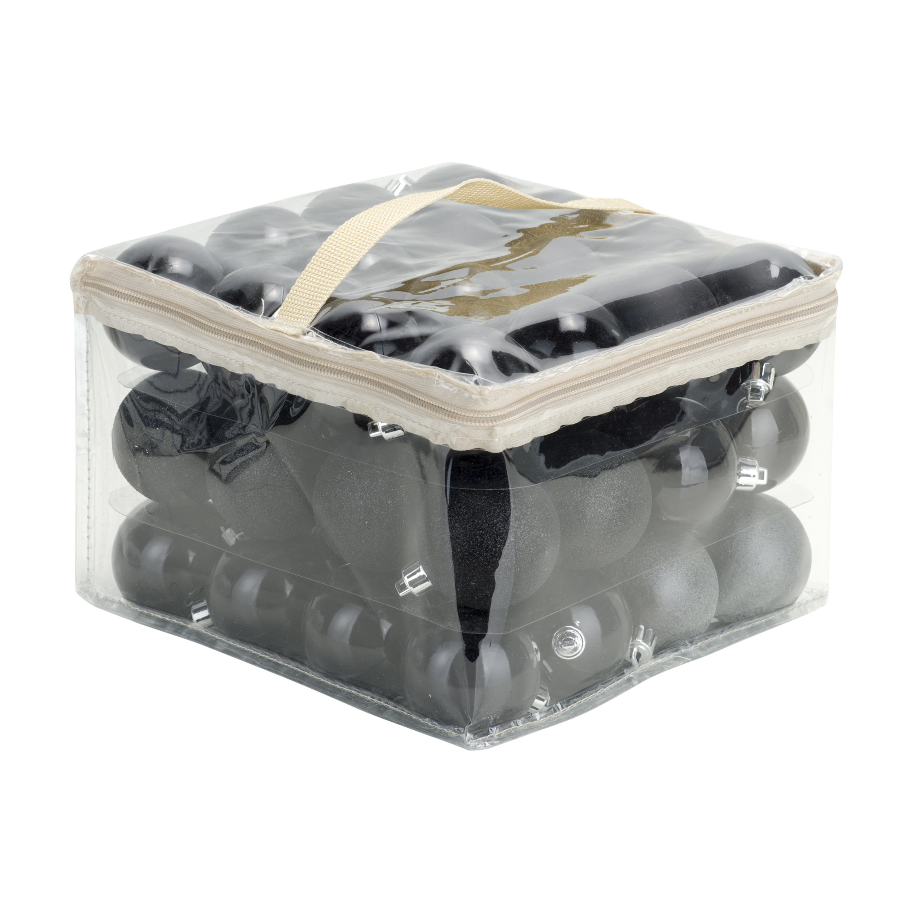 48x stuks kunststof kerstballen zwart 6 cm in opbergtas-opbergbox