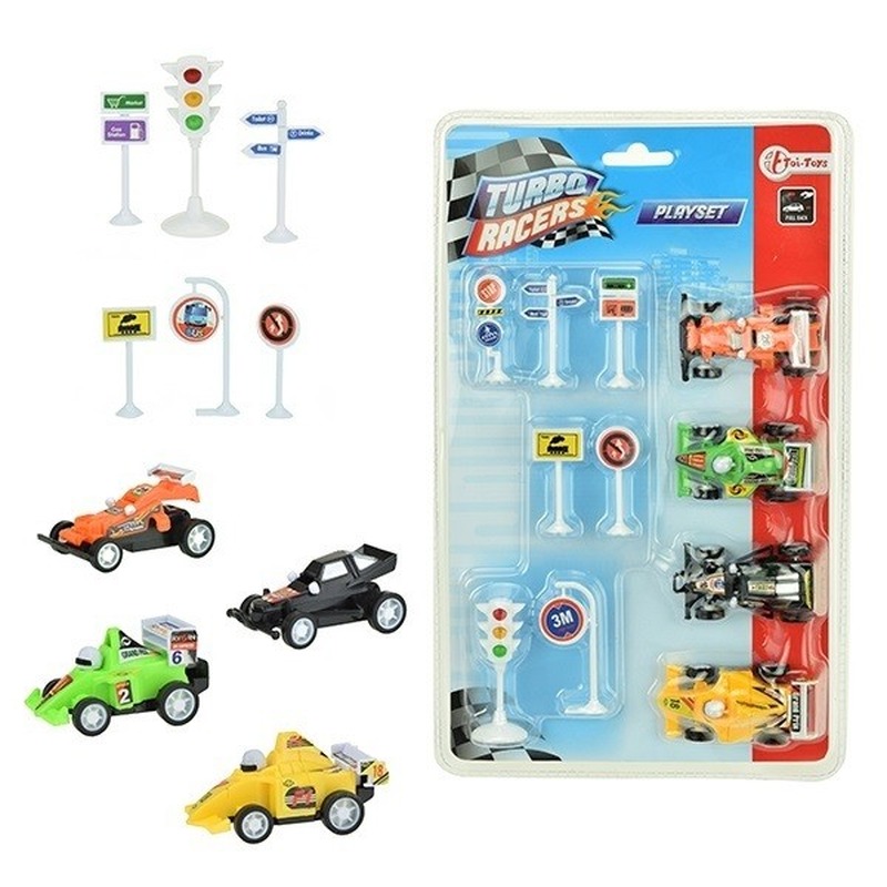 4x Race auto met verkeersborden-stoplichten speelgoed set