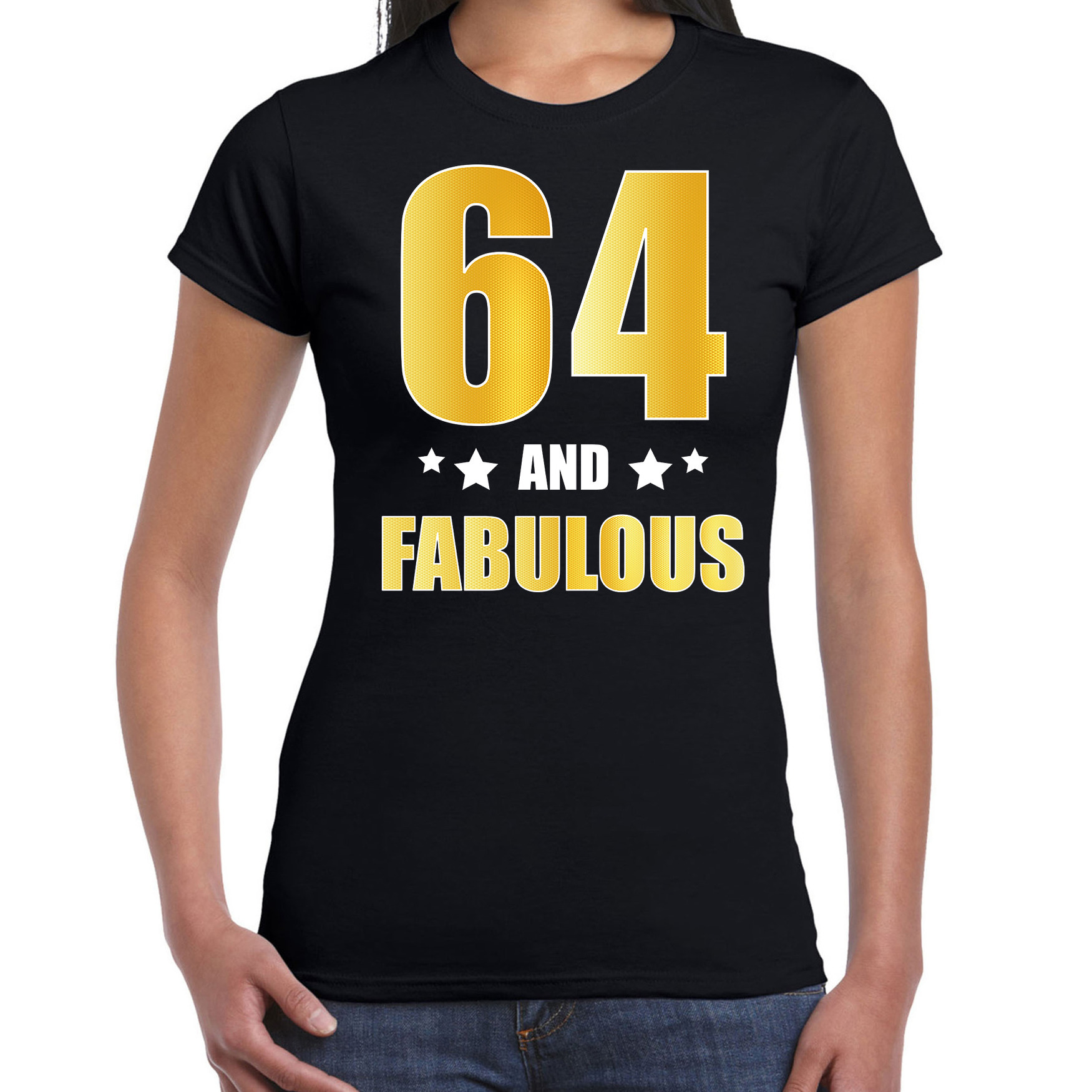 64 and fabulous verjaardag cadeau t-shirt-shirt goud 64 jaar zwart voor dames