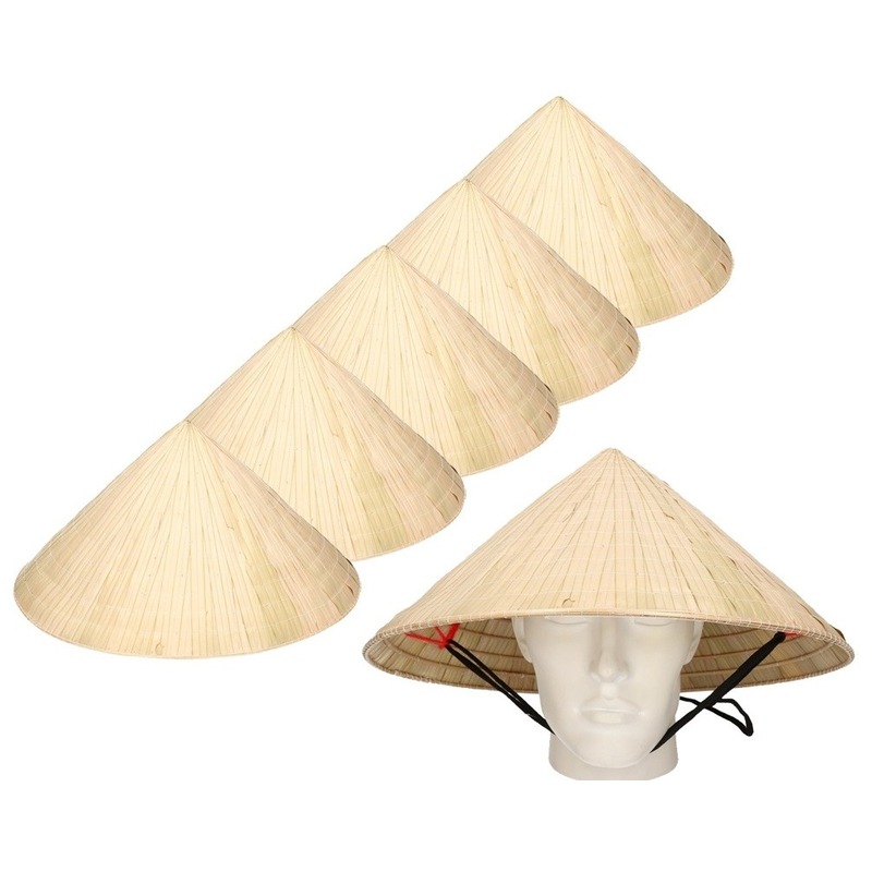6x Chinese stro hoeden - Chinees hoedje met kinband