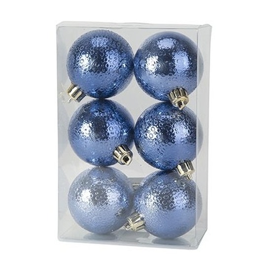 6x Donkerblauwe cirkel motief kerstballen 6 cm kunststof