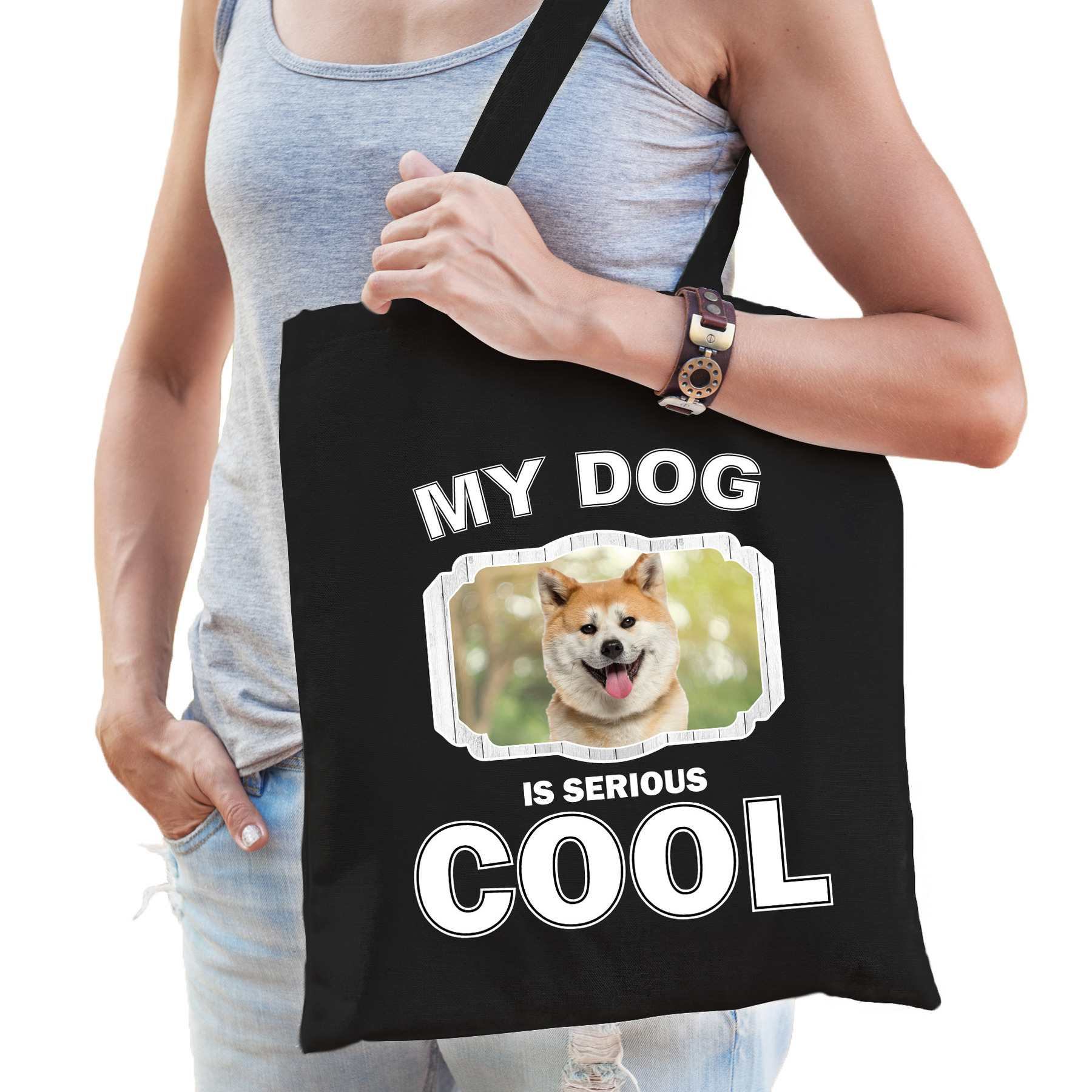 Akita inu honden tasje zwart volwassenen en kinderen my dog serious is cool kado boodschappentasje