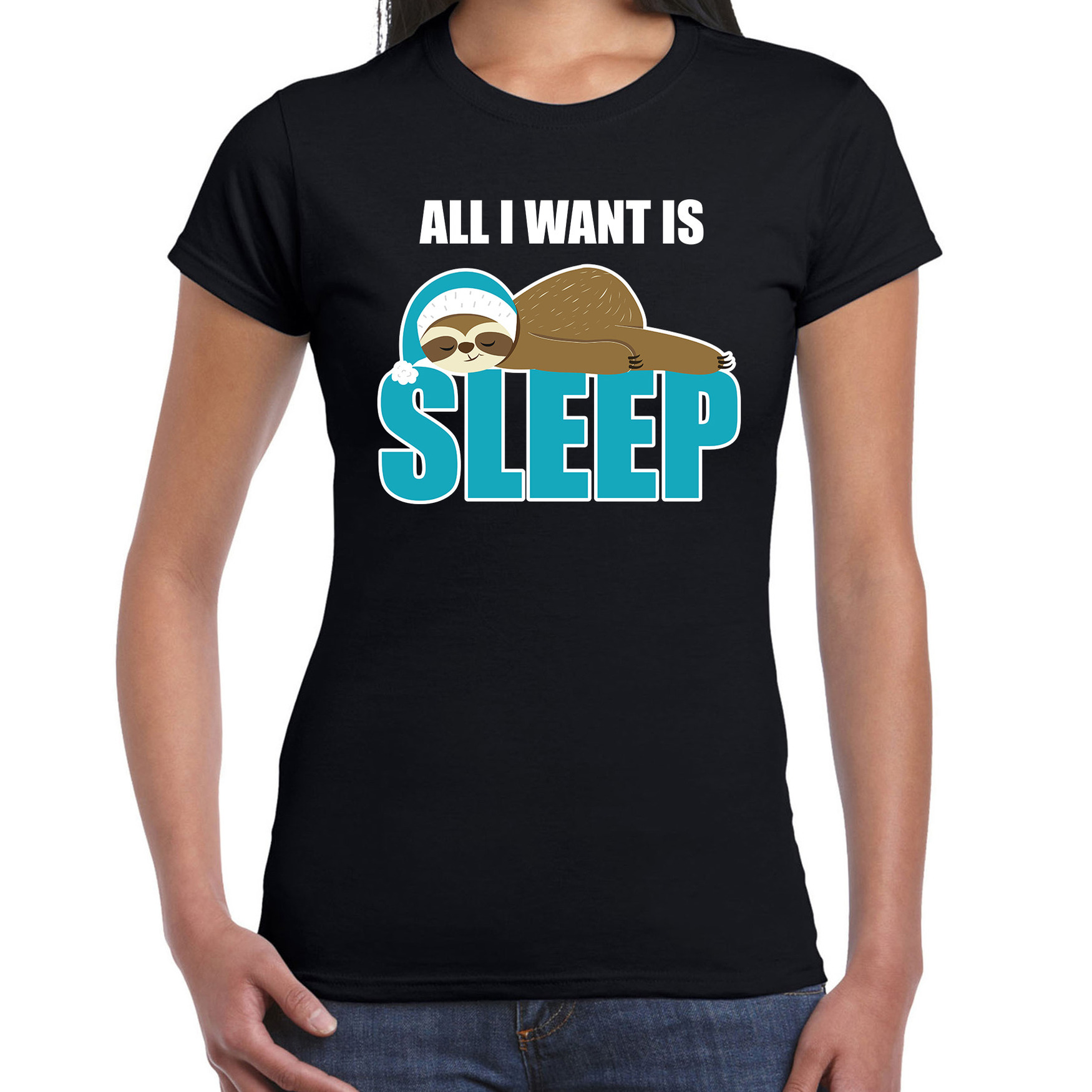 All I want is sleep-Ik wil alleen slapen fun tekst pyjama shirt zwart dames Grappig slaapshirt