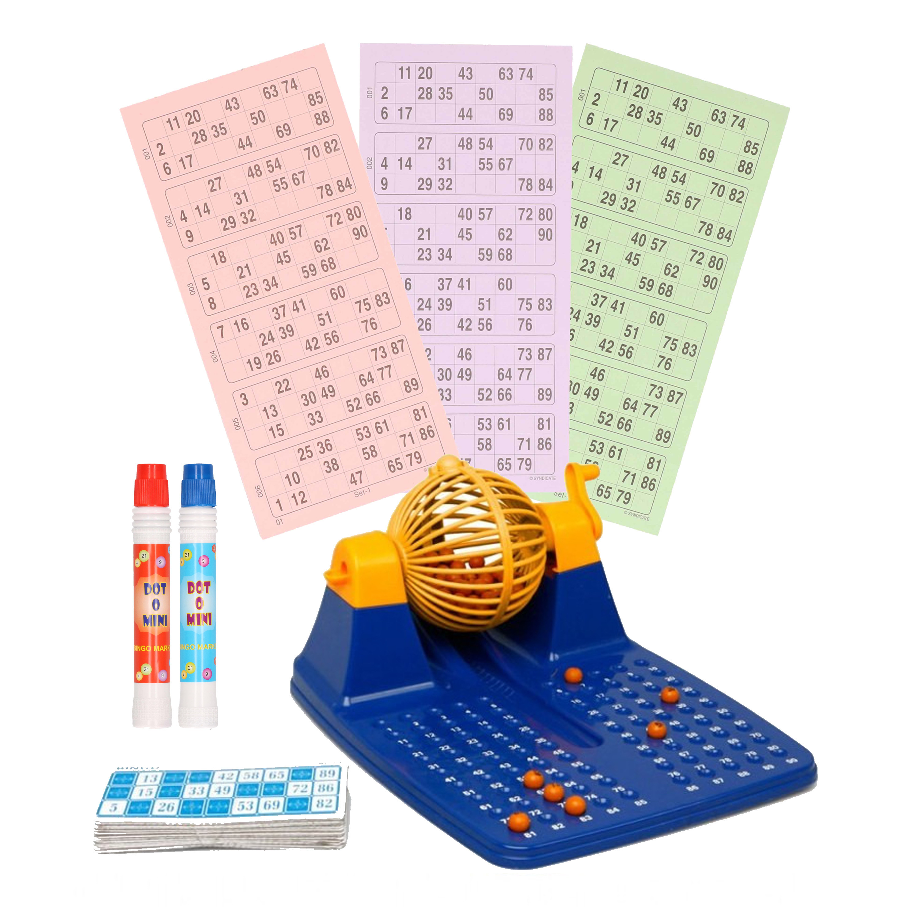 Bingo spel blauw-geel-oranje complete set nummers 1-90 met molen-148x bingokaarten-2x stiften