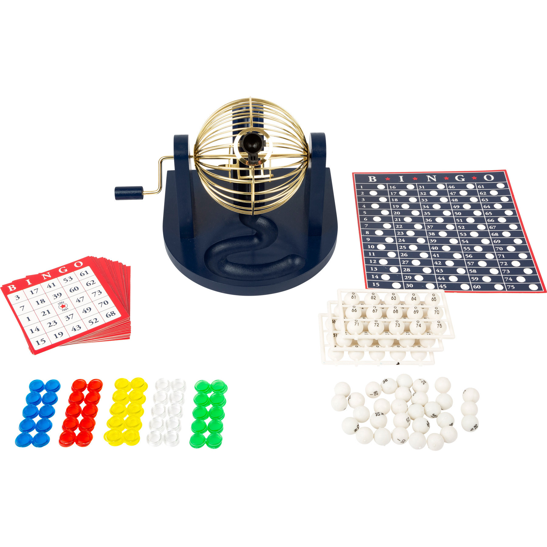 Bingo spel blauw-goud-wit complete set 21 cm nummers 1-75 met molen-167x bingokaarten-2x markers