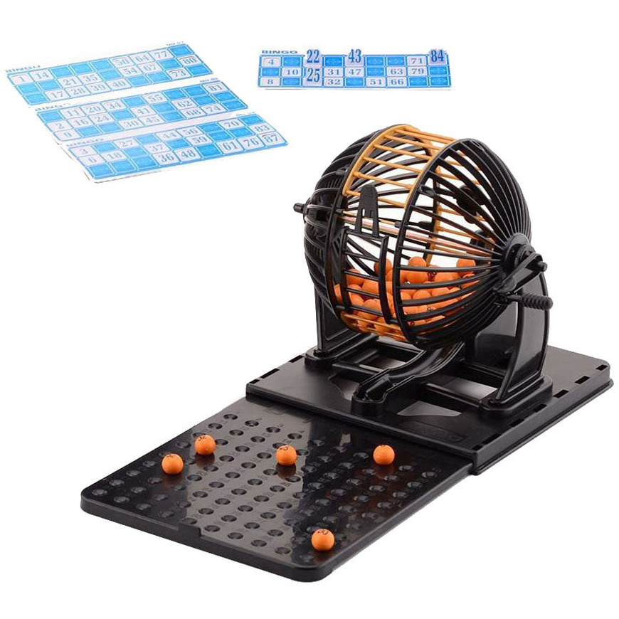 Bingo spel zwart-oranje complete set nummers 1-90 met molen en bingokaarten