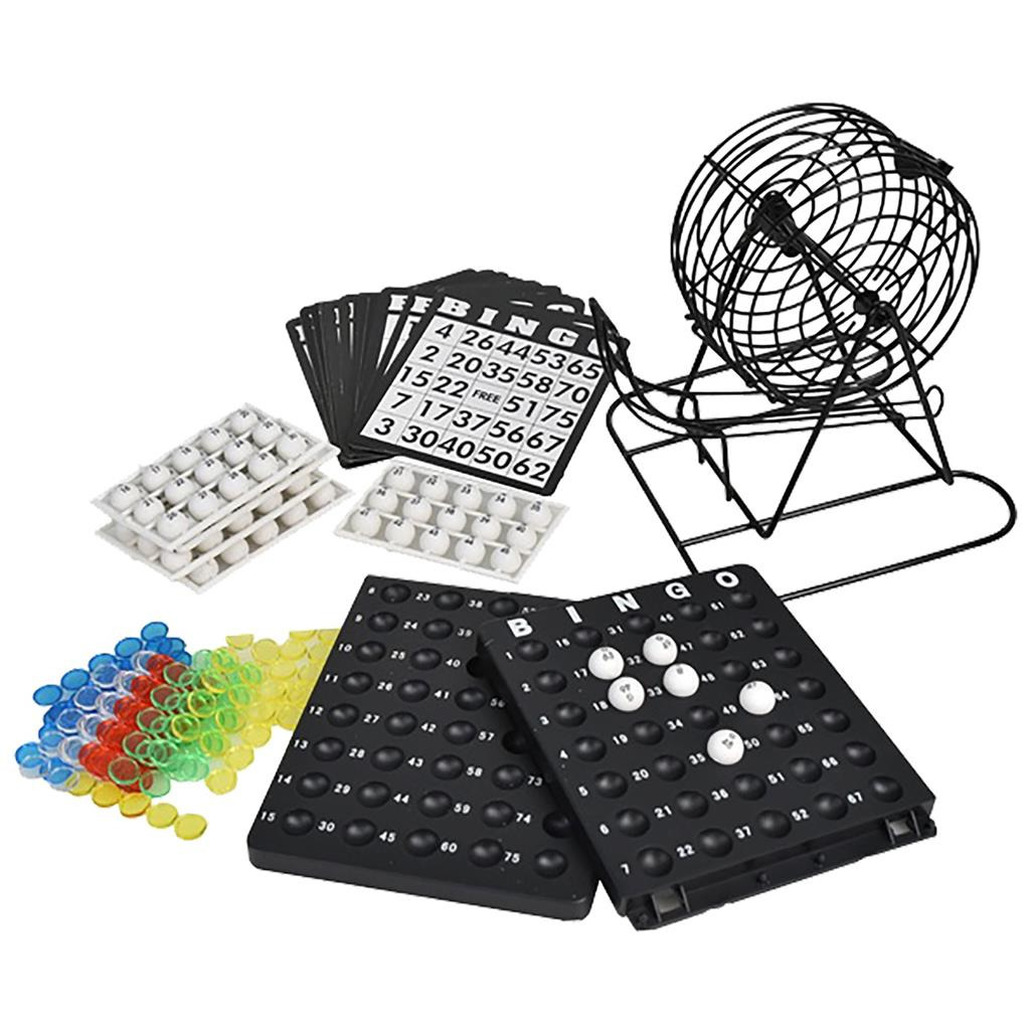 Bingo spel zwart-wit complete set 21 cm nummers 1-90 met molen-140x bingokaarten-2x stiften