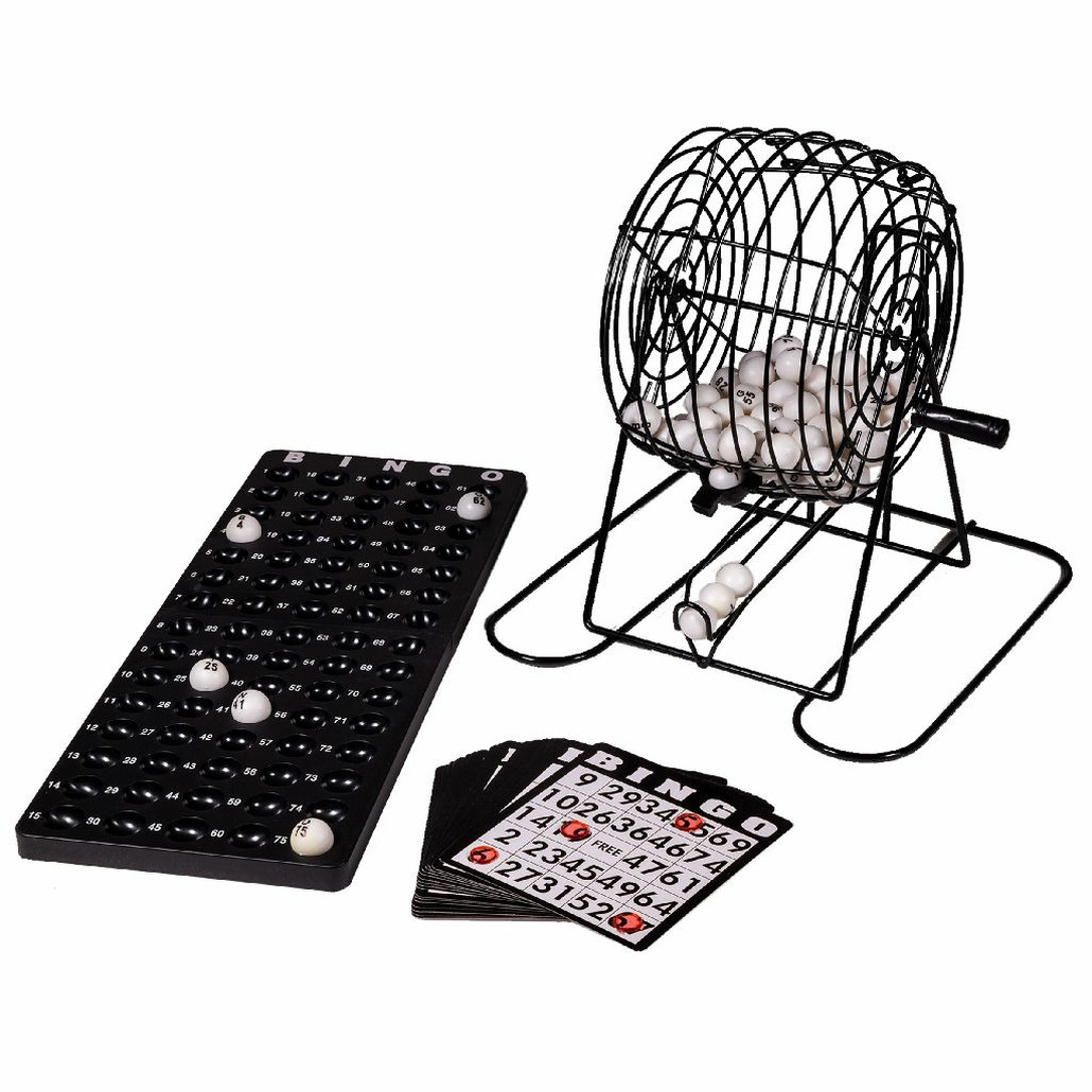 Bingo spel zwart-wit complete set 29 cm nummers 1-75 met molen en bingokaarten