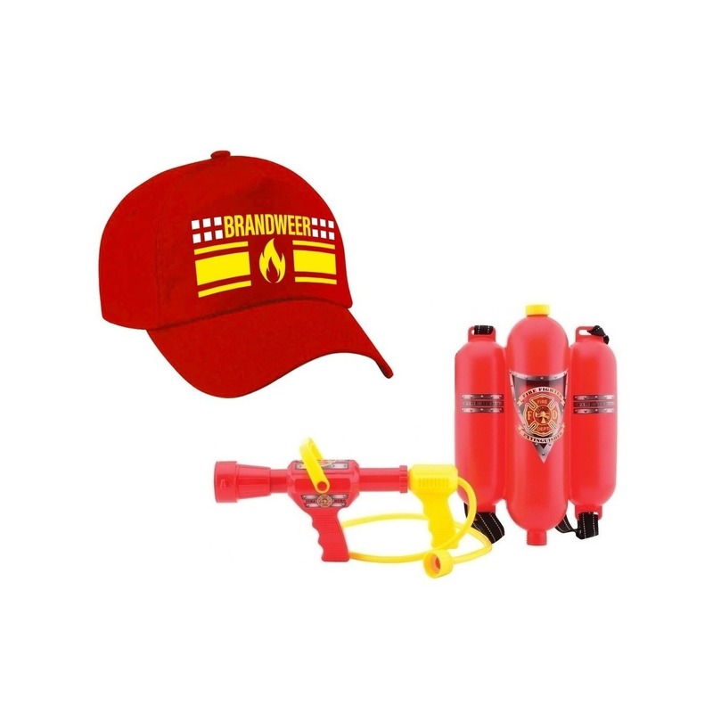 Brandweer met vlam verkleed pet en brandblusser waterpistool