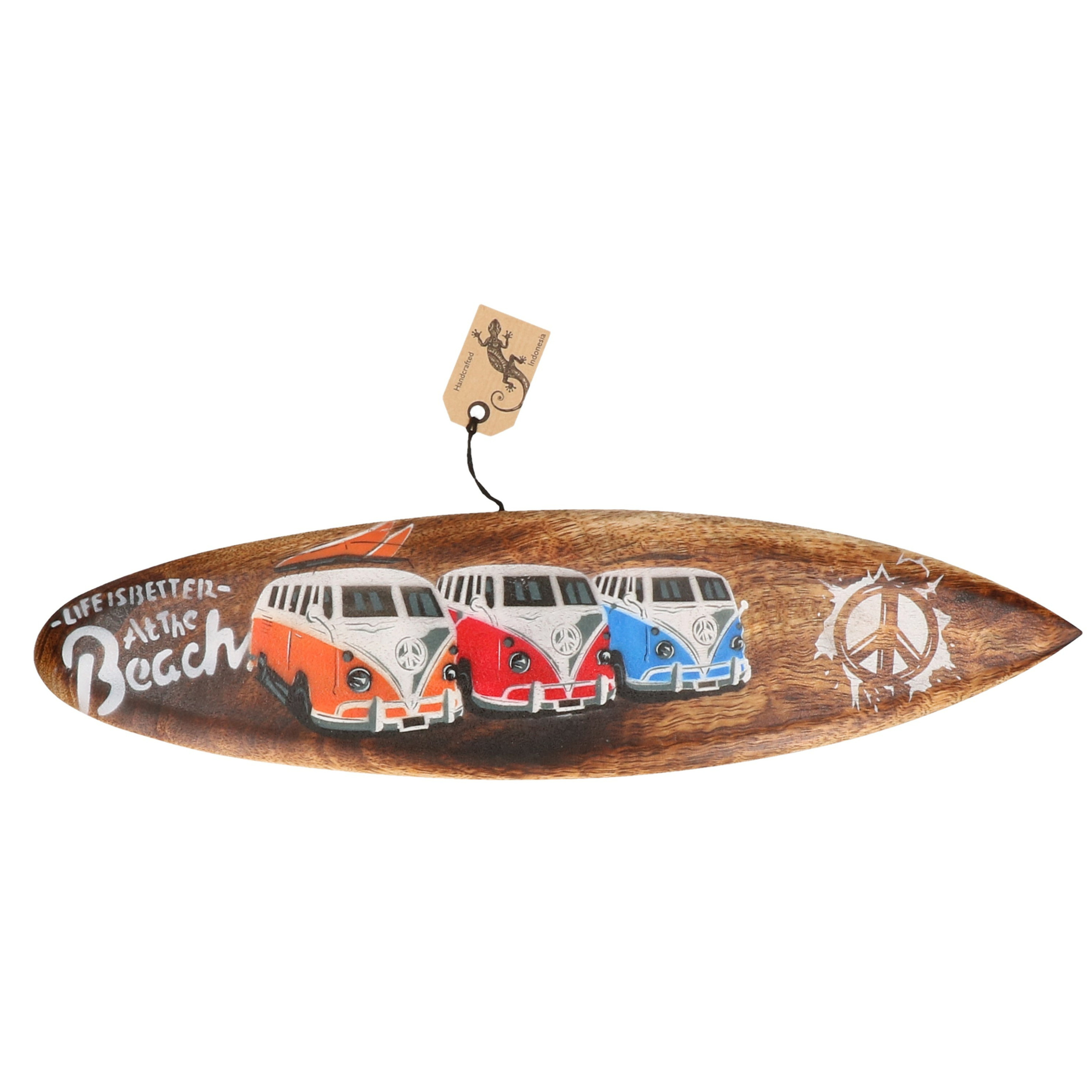 Bruine surfplank-surfboard wanddecoratie-muurdecoratie met VW busjes 40 cm