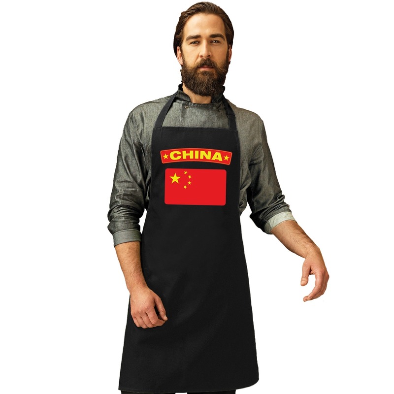 China vlag barbecueschort- keukenschort zwart volwassenen
