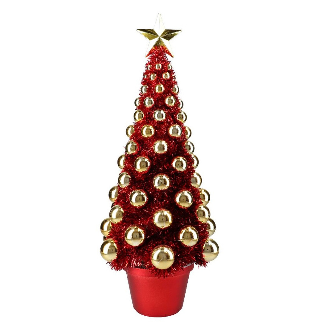 Complete mini kunst kerstboompje-kunstboompje rood-goud met kerstballen 50 cm