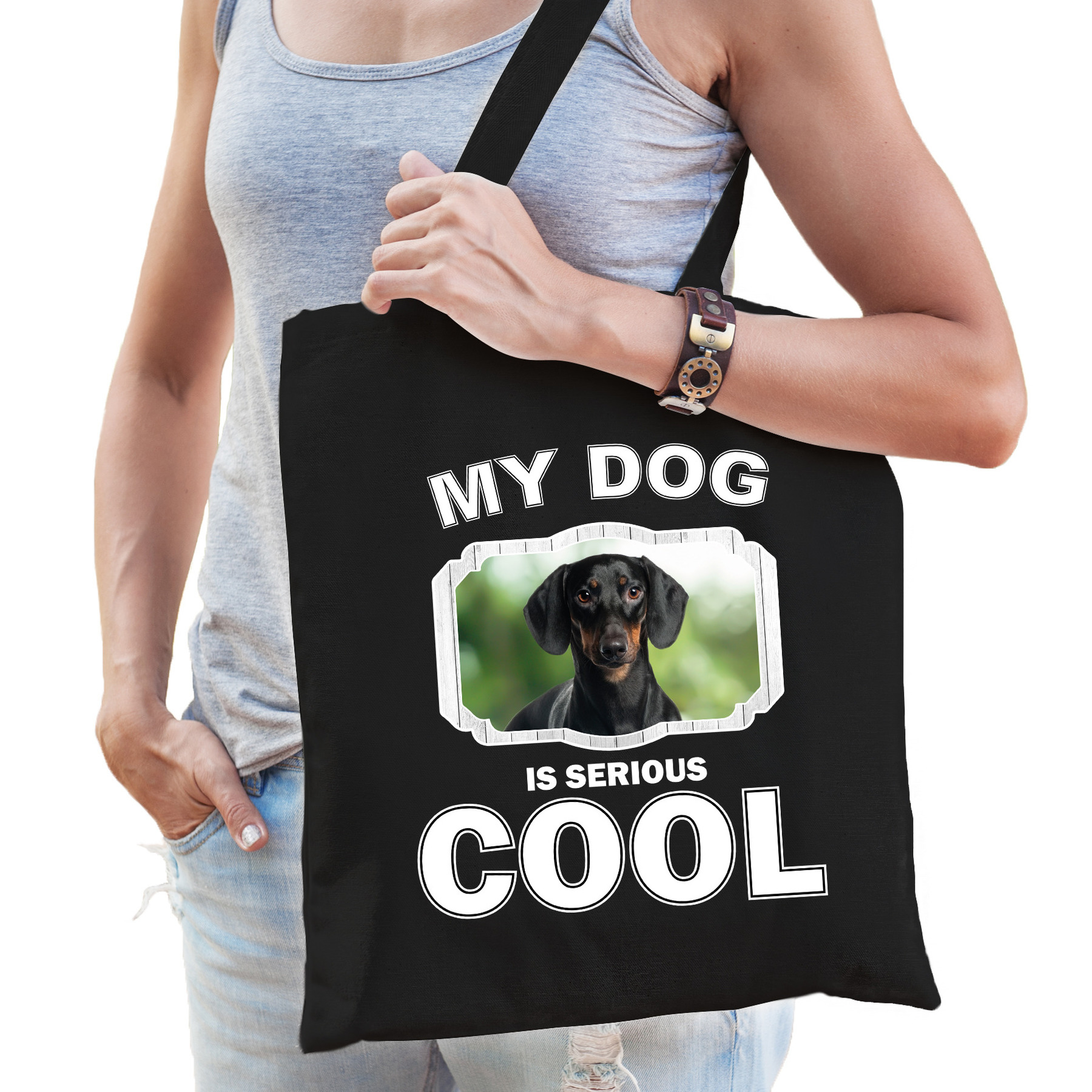 Coole teckel honden tasje zwart volwassenen en kinderen my dog serious is cool kado boodschappenta