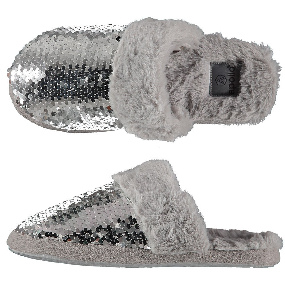 Dames instap slippers-pantoffels met pailletten grijs maat 37-38