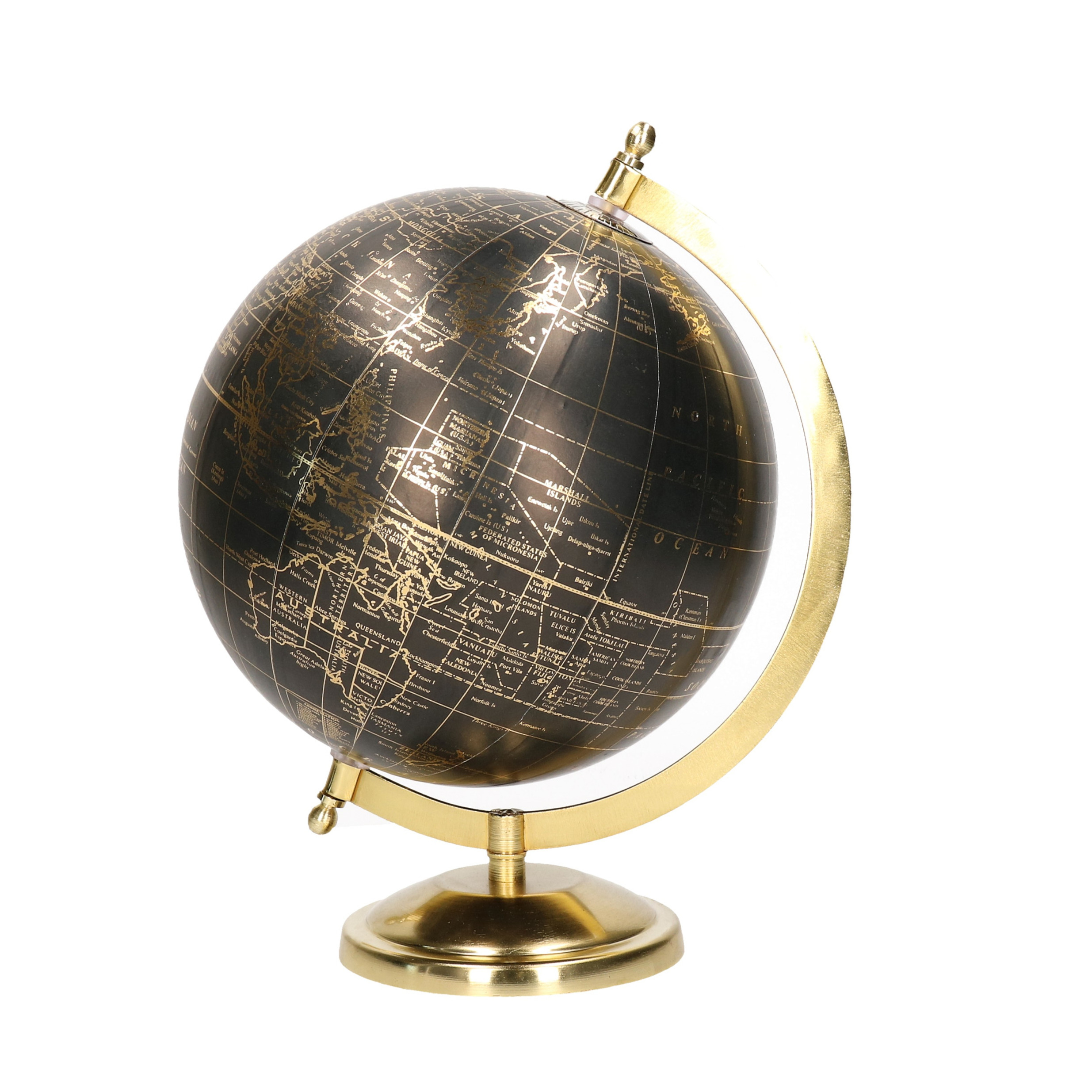 Decoratie wereldbol-globe goud-zwart op metalen voet 22 x 27 cm