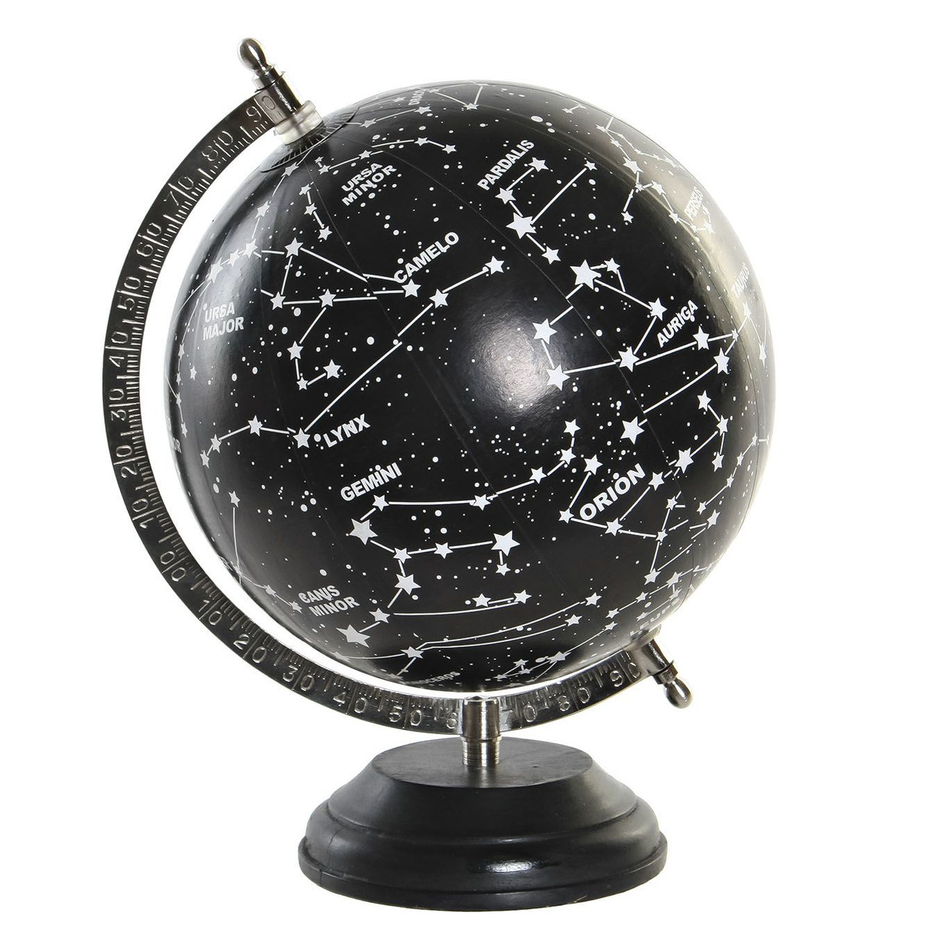Decoratie wereldbol-globe sterrenhemel zwart op aluminium voet 28 x 22 cm
