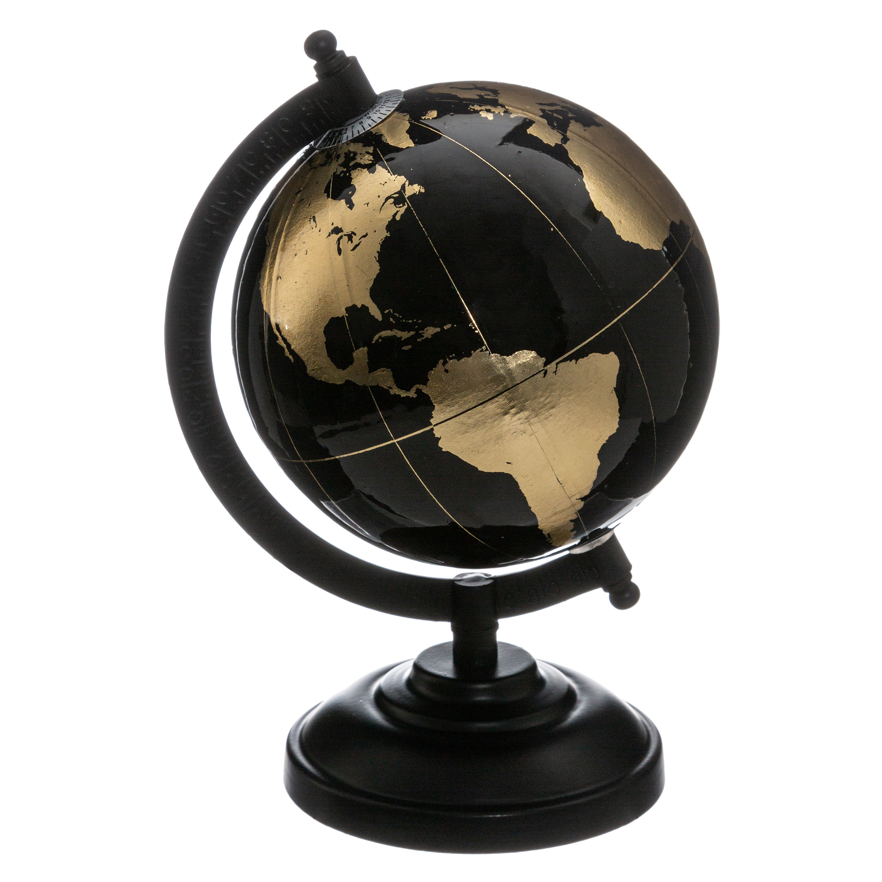 Decoratie wereldbol-globe zwart-goud op metalen voet D13 x H22 cm