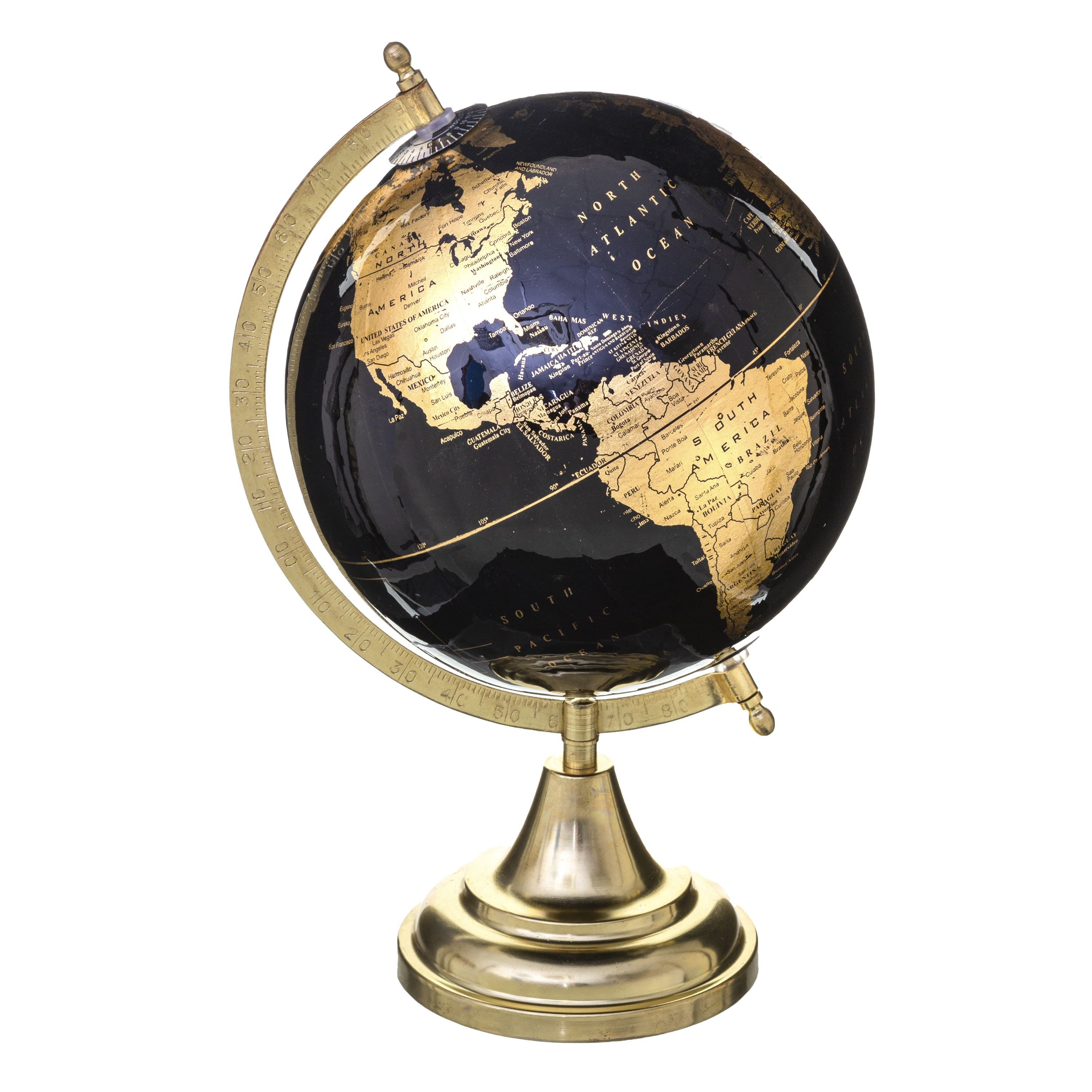 Decoratie wereldbol-globe zwart-goud op metalen voet D20 x H33 cm