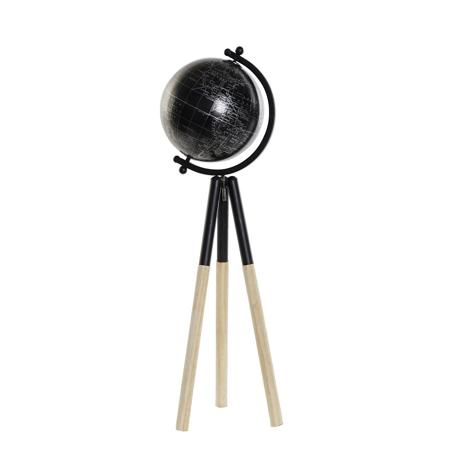 Decoratie wereldbol-globe zwart metaal op houten voet 18 x 60 cm