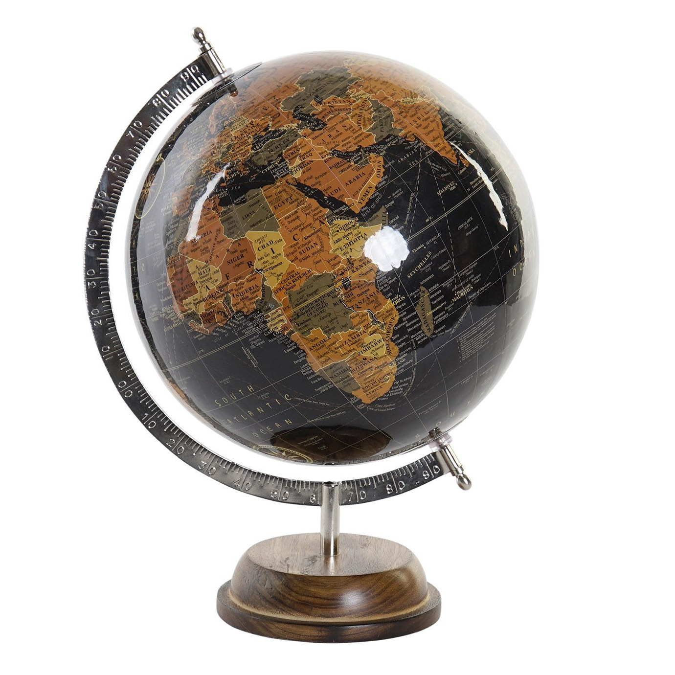 Decoratie wereldbol-globe zwart op metalen voet 28 x 37 cm