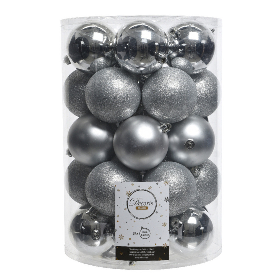 Decoris Kerstballen 34x st zilver kunststof kerstversiering