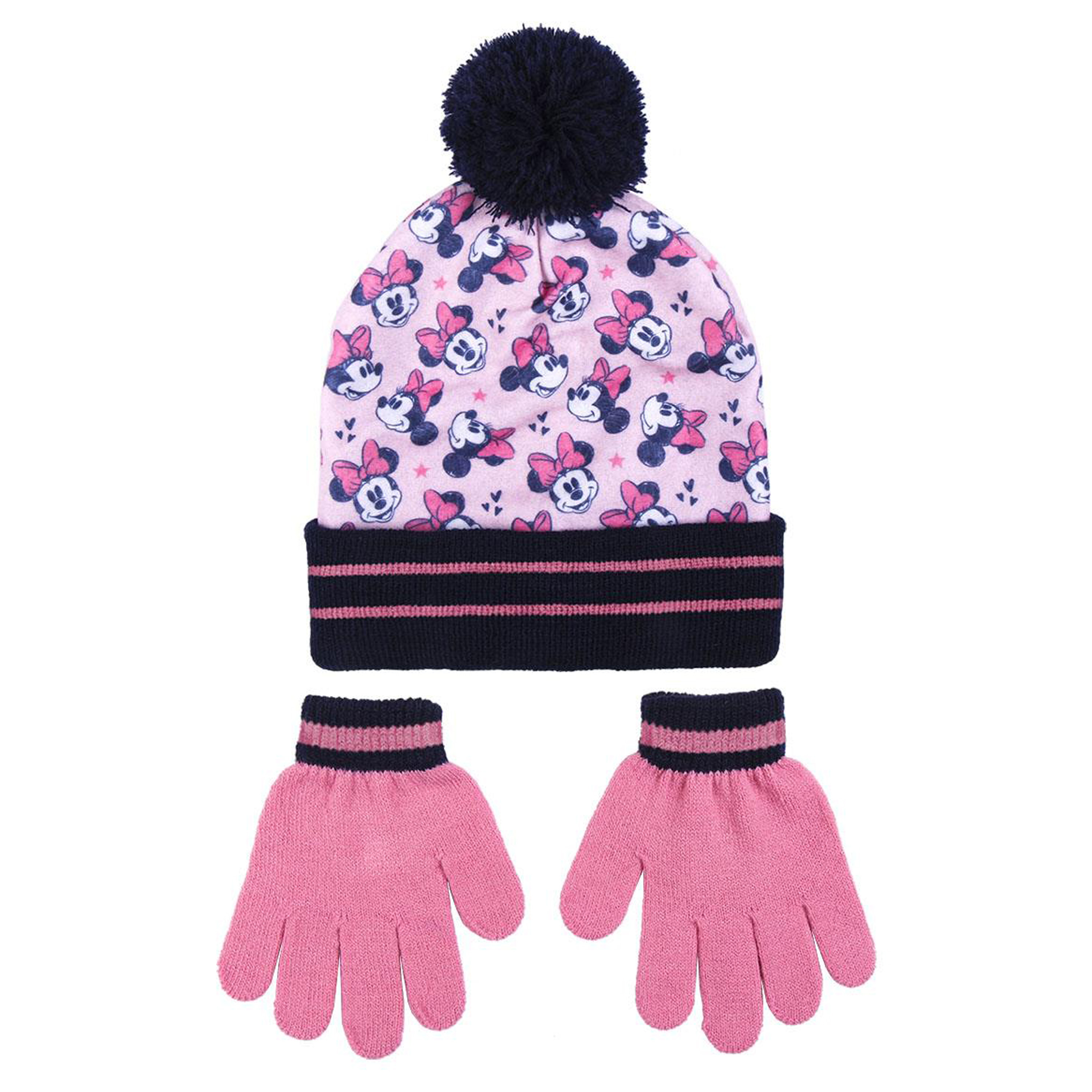 Disney Minnie Mouse 2-delig winterset muts-handschoenen roze-zwart voor kinderen